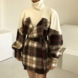 Contrast Color Plaid Lace Up Waist Lantern Sleeve Knitting Patchwork Dress